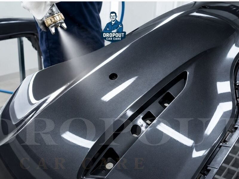 Car body panel receiving professional spray painting for a smooth glossy finish.