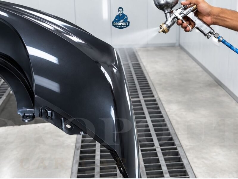 Automotive body panel being professionally spray painted inside a controlled paint booth.