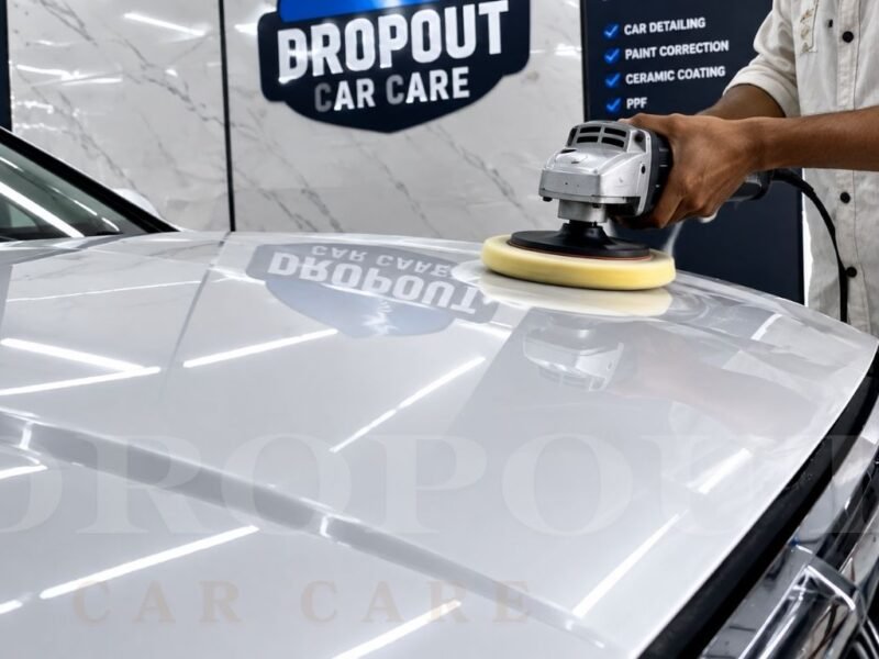 Professional car rubbing and polishing for paint correction and glossy finish at Dropout Car Care.