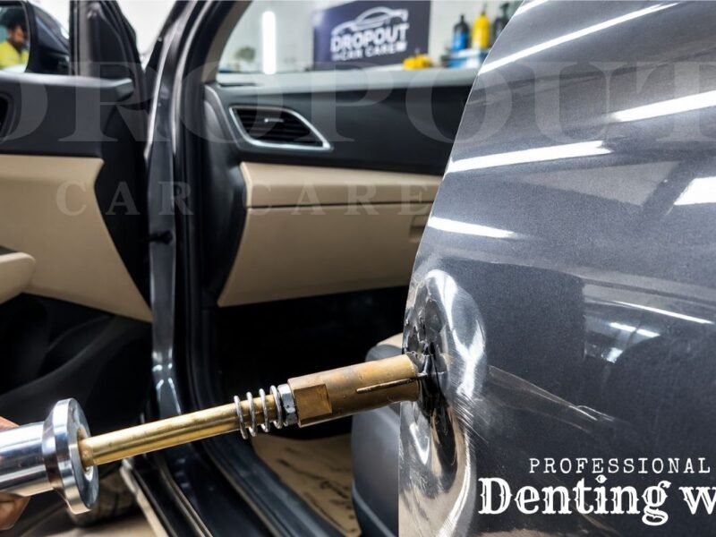 Professional technician repairing a car dent using a dent pulling tool at an auto body repair workshop.