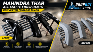 Before and after of Mahindra Thar matte grey fibre parts converted to gloss black.Image description: Before-and-after showcase of a Mahindra Thar exterior customisation project featuring matte grey fibre parts refinished in gloss black.